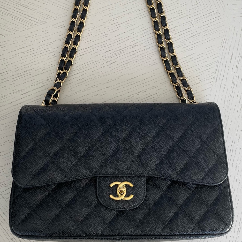 Authentic Chanel Caviar Black Quilted Leather Jumbo Classic Double Flap Bag